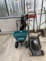 AN ASSORTMENT OF GARDEN TOOLS TO INCLUDE A GRASS SEEDER AND A HAYTER HARRIER 41 ELECTRIC LAWN