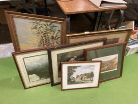 A QUANTITY OF VINTAGE STYLE PRINTS TO INCLUDE 'EVENING FLIGHT', A WOOLWORK, A STILL LIFE, ETC - 6 IN