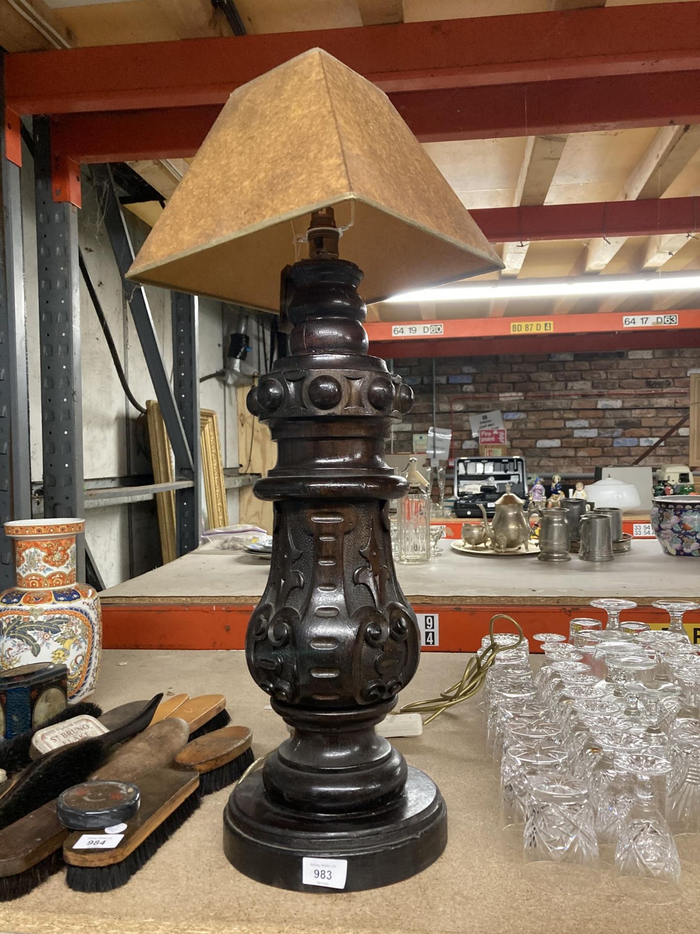 A LARGE TABLE LAMP, THE BASE BEING MADE FROM THE LEG OF A BILLIARD TABLE, HEIGHT 58CM