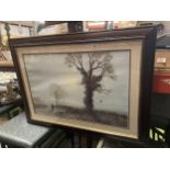 A FRAMED COUNTRY SCENE WITH A GAMEKEEPER, DOG AND PHEASANT, 89CM X 66CM