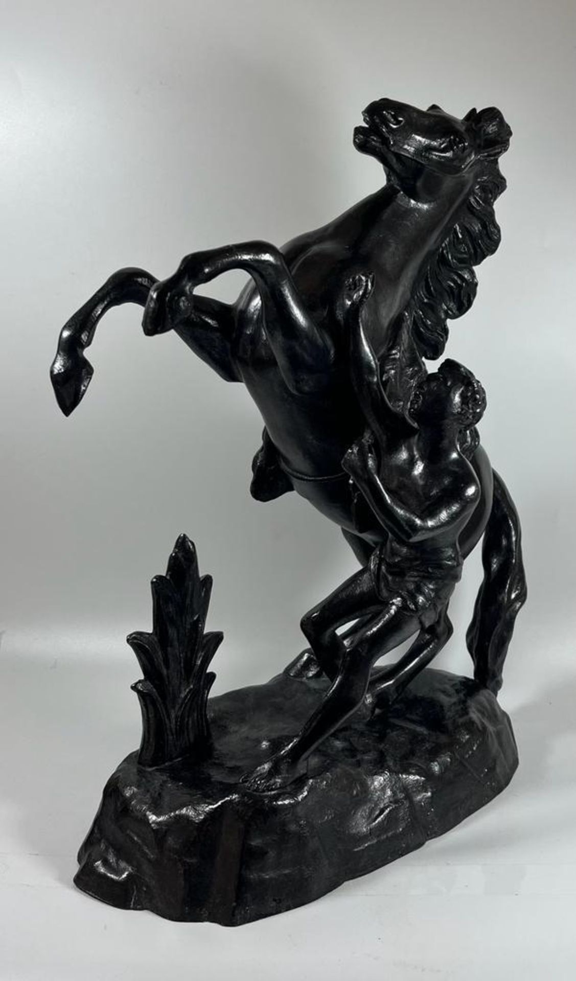 A VINTAGE PAINTED BLACK SPELTER MARLEY HORSE AND RIDER FIGURE, HEIGHT 39 CM - Image 3 of 4