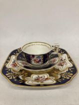 A 19TH CENTURY COBALT BLUE, GILT AND HAND PAINTED FLORAL CUP, SAUCER AND SIDE PLATE TRIO