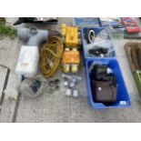 AN ASSORTMENT OF ITEMS TO INCLUDE 110V TRANSFORMERS, GLOVES AND GUTTER FITTINGS ETC