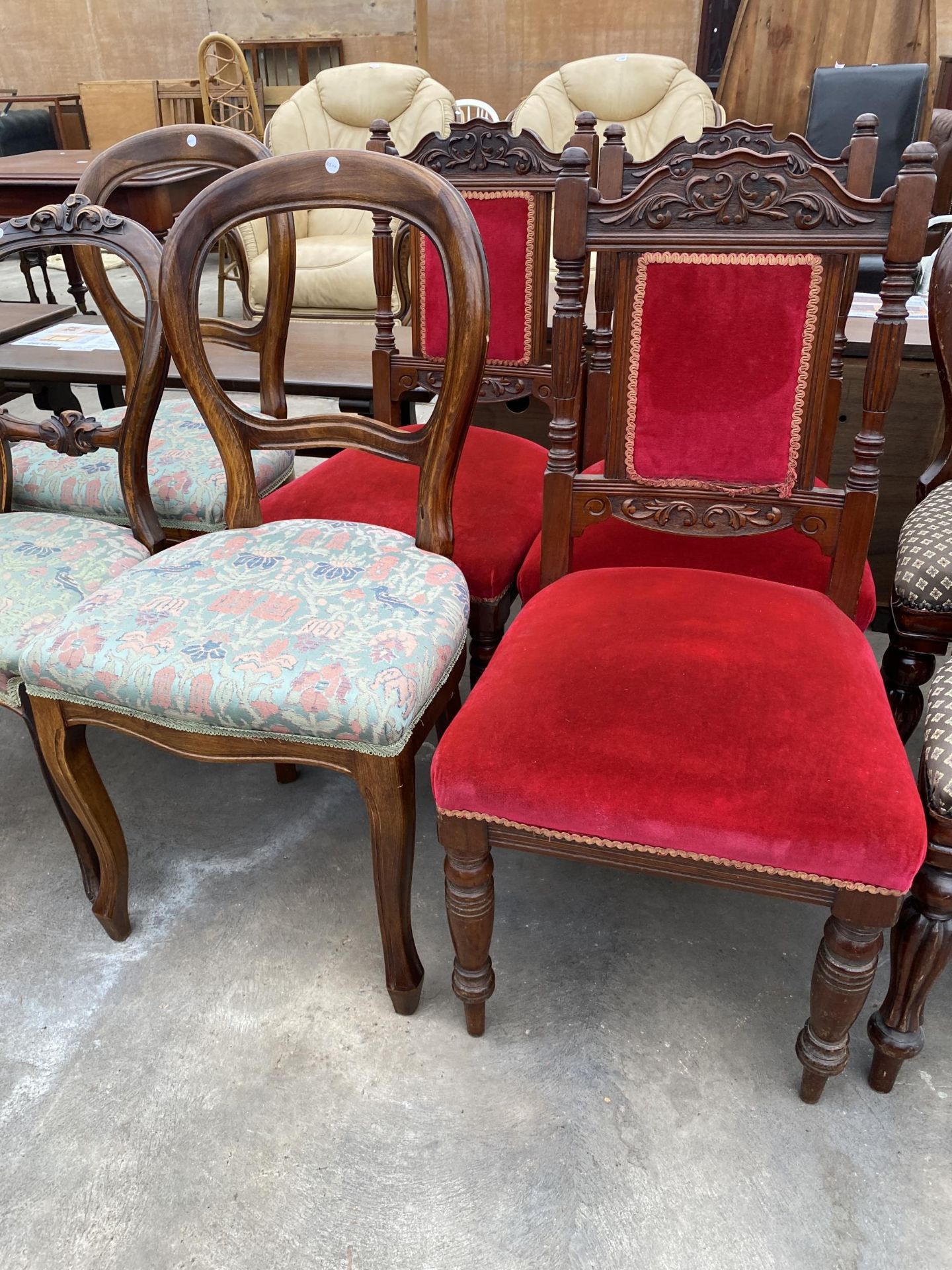THREE VICTORIAN MAHOGANY DINING CHAIRS WITH CARVED BACK RAILS AND THREE BALLOON BACK CHAIRS - Image 2 of 4