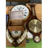 A MIXED LOT TO INCLUDE WEATHERMASTER BAROMETER, SEIKO STATION CLOCK, HORN EFFECT DESIGN BAROMETER