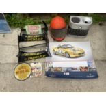 AN ASSORTMENT OF ITEMS TO INCLUDE A MASERATI CALANDER, A SHELL SIGN AND A COIN SORTER ETC