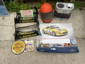 AN ASSORTMENT OF ITEMS TO INCLUDE A MASERATI CALANDER, A SHELL SIGN AND A COIN SORTER ETC