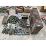 AN ASSORTMENT OF ITEMS TO INCLUDE PLASTIC ARMY FIGURES AND A MONEY TIN ETC