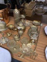 A COLLECTION OF VINTAGE BRASS ITEMS , LADY DESIGN BELL, KETTLE ETC