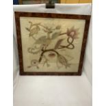 A WALNUT FRAMED VINTAGE SILK EMBROIDERY OF A BIRD AMONGST FLOWERS