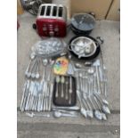 AN ASSORTMENT OF KITCHEN ITEMS TO INCLUDE FLATWARE AND A TOASTER ETC
