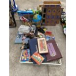 AN ASSORTMENT OF TOYS AND GAMES TO INCLUDE THUNDERBIRDS AND A DOLLS HOUSE WITH ACCESSORIES ETC
