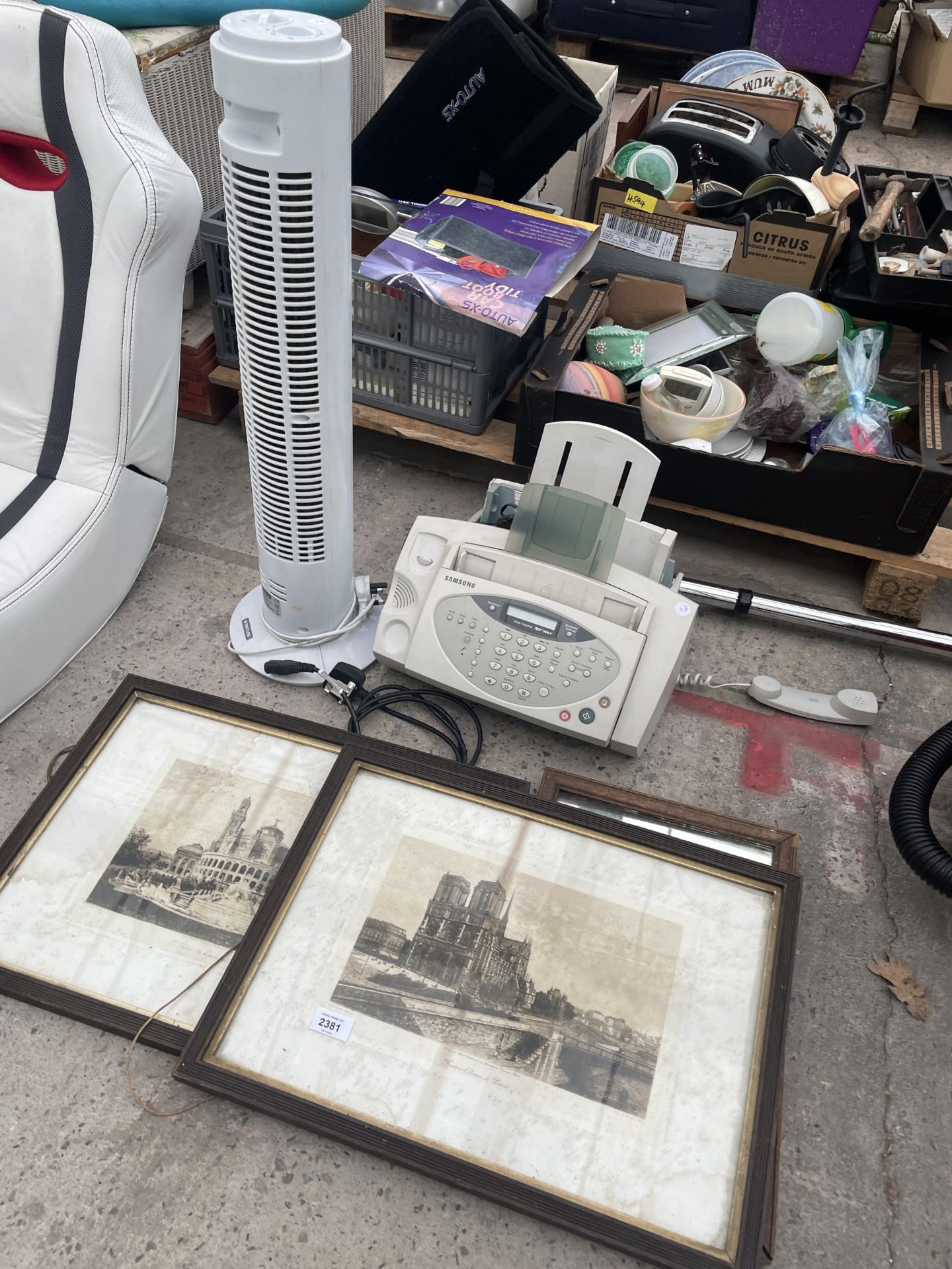 A FAN, A FAX MACHINE AND TWO FRAMED PRINTS ETC