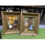 A PAIR OF MODERN OIL ON BOARD PAINTINGS IN ORNATE GILT FRAMES