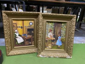 A PAIR OF MODERN OIL ON BOARD PAINTINGS IN ORNATE GILT FRAMES