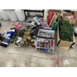 A LARGE ASSORTMENT OF CHRISTMAS DECORATIONS TO INCLUDE BAUBLES, AN ARTIFICIAL TREE AND TABLE