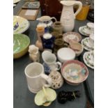 A QUANTITY OF CERAMIC ITEMS TO INCLUDE SPODE 'PINK CAMELIA' SIDE PLATES, VASES, JUGS, STONEWARE,