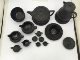 A COLLECTION OF BLACK BASALT CERAMIC TEA WARES, TEAPOT, COFFEE POT, MINIATURE TEAPOT ETC