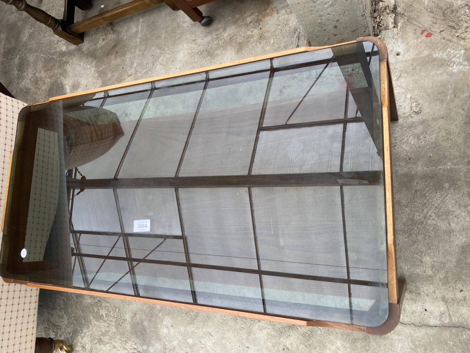 A RETRO TEAK TWO TIER COFFEE TABLE WITH INSET SMOKED GLASS TOP, 34 X 17" - Image 3 of 4