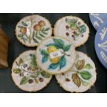 FIVE ITALIAN COPLER PLATES WITH FRUIT DESIGN AND COCKEREL STAMP TO THE BASE, DIAMETER 14CM