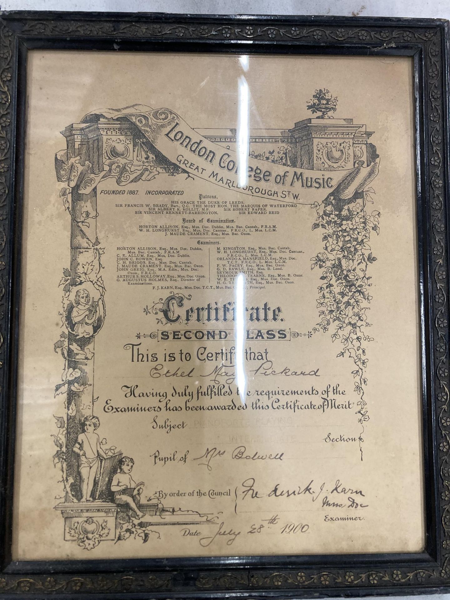 TWO DATED 1899 & 1900 FRAMED LONDON COLLEGE OF MUSIC CERTIFICATES - Image 3 of 4