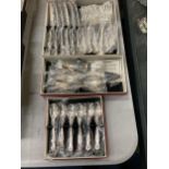 THREE AS NEW SANDERS AND BOWERS BOXED CUTLERY TO INCLUDE KNIVES AND FORKS, TEASPOONS, CAKE FORKS AND