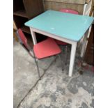 A 1950S FORMICA TOP KITCHEN TABLE, 32 X 24" AND PAIR OF CHAIRS ON POLISHED CHROME FRAME