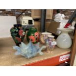 A QUANTITY OF CERAMICS AND GLASS TO INCLUDE A COUNTRY CRAFT VASE, IRRIDESCENT VASES, A GINGER JAR,