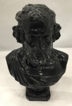 A HEAVY RESIN BUST OF CLASSICAL GREEK POET TITLED - 'HOMERE', HEIGHT 30 CM