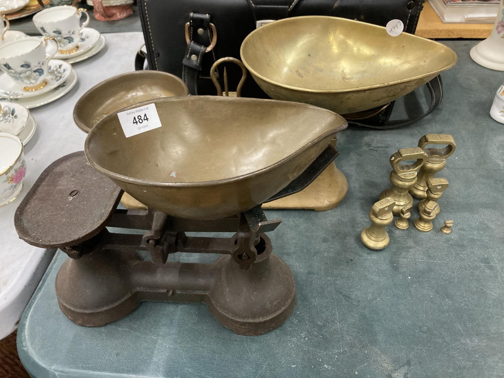 TWO SETS OF VINTAGE BRASS SCALES, ONE WITH WEIGHTS
