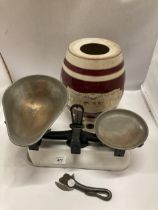 A SET OF VINTAGE AVERY SCALES, A BULL'S HEAD TIN OPENER AND A CERAMIC BRANDY BARREL