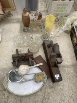 AN ASSORTMENT OF ITEMS TO INCLUDE WOOD PLANES, DRESSING TABLE ITEMS AND VASES ETC