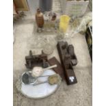 AN ASSORTMENT OF ITEMS TO INCLUDE WOOD PLANES, DRESSING TABLE ITEMS AND VASES ETC