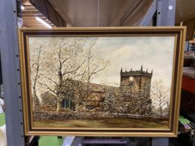 A GILT FRAMED OIL PAINTING OF A CHURCH, SIGNED B.MJ WHITTAKER