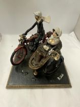 AN UNUSUAL SCULPTURE OF A MAN AND WOMAN ON A MOTORBIKE WITH SIDE CAR, INDISTINCTLY SIGNED,