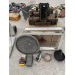 AN ASSORTMENT OF ITEMS TO INCKLUDE AN ELECGTRIC TESTER AND A INTERNATIONAL RADIO ETC