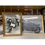 TWO VINTAGE FRAMED MOTORBIKE RACING PRINTS, ONE SIGNED