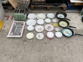 AN ASSORTMENT OF KITCHEN PANS AND CERMIC PLATES ETC