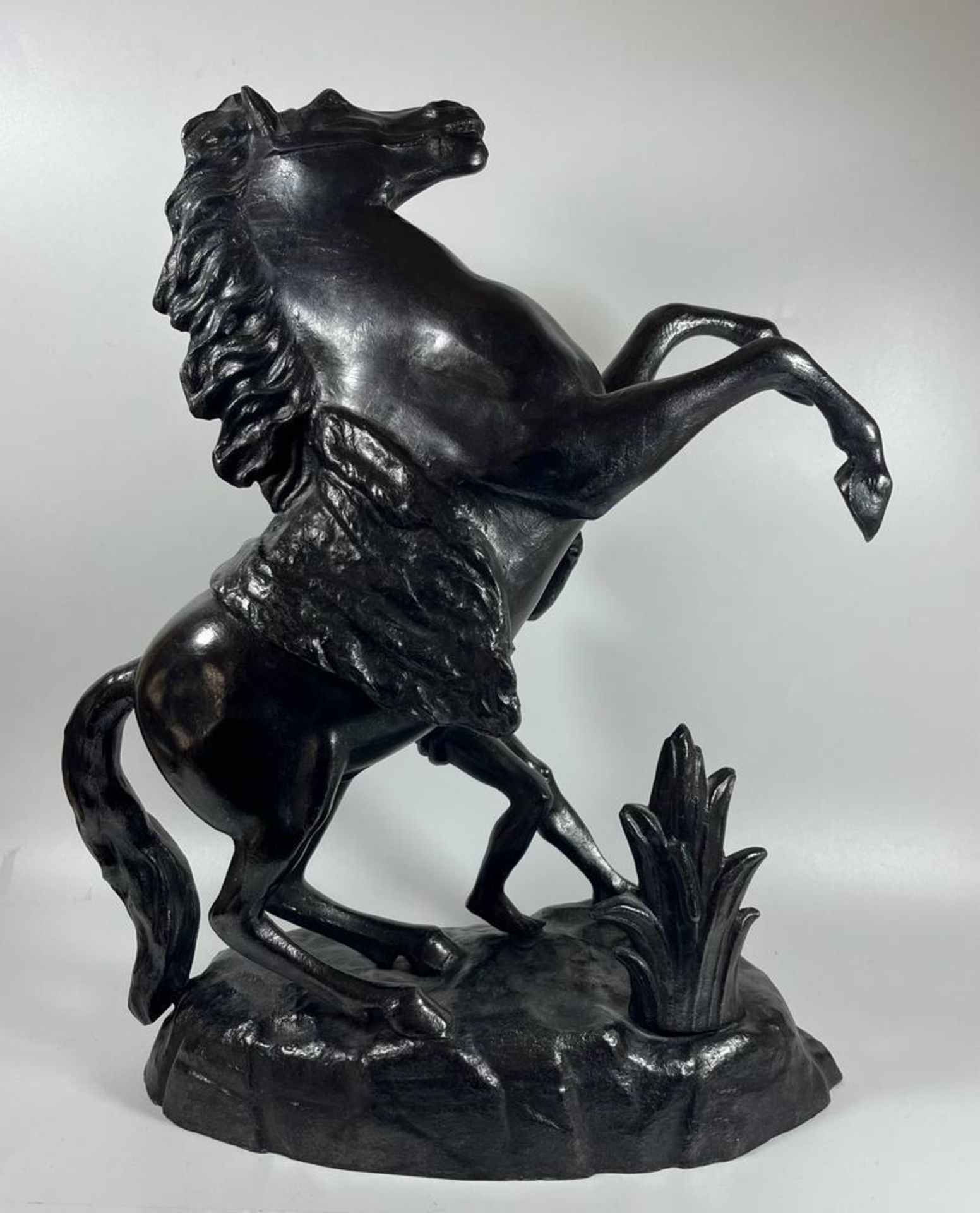 A VINTAGE PAINTED BLACK SPELTER MARLEY HORSE AND RIDER FIGURE, HEIGHT 39 CM - Image 2 of 4