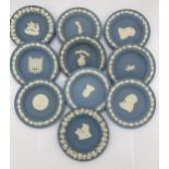 A COLLECTION OF TEN WEDGWOOD PALE BLUE JASPERWARE PIN TRAYS