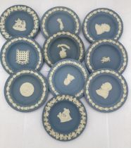 A COLLECTION OF TEN WEDGWOOD PALE BLUE JASPERWARE PIN TRAYS