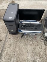 A DELL COMPUTER MONITOR, A DELL COMPUTER TOWER, A PRINTER AND KEYBOARD
