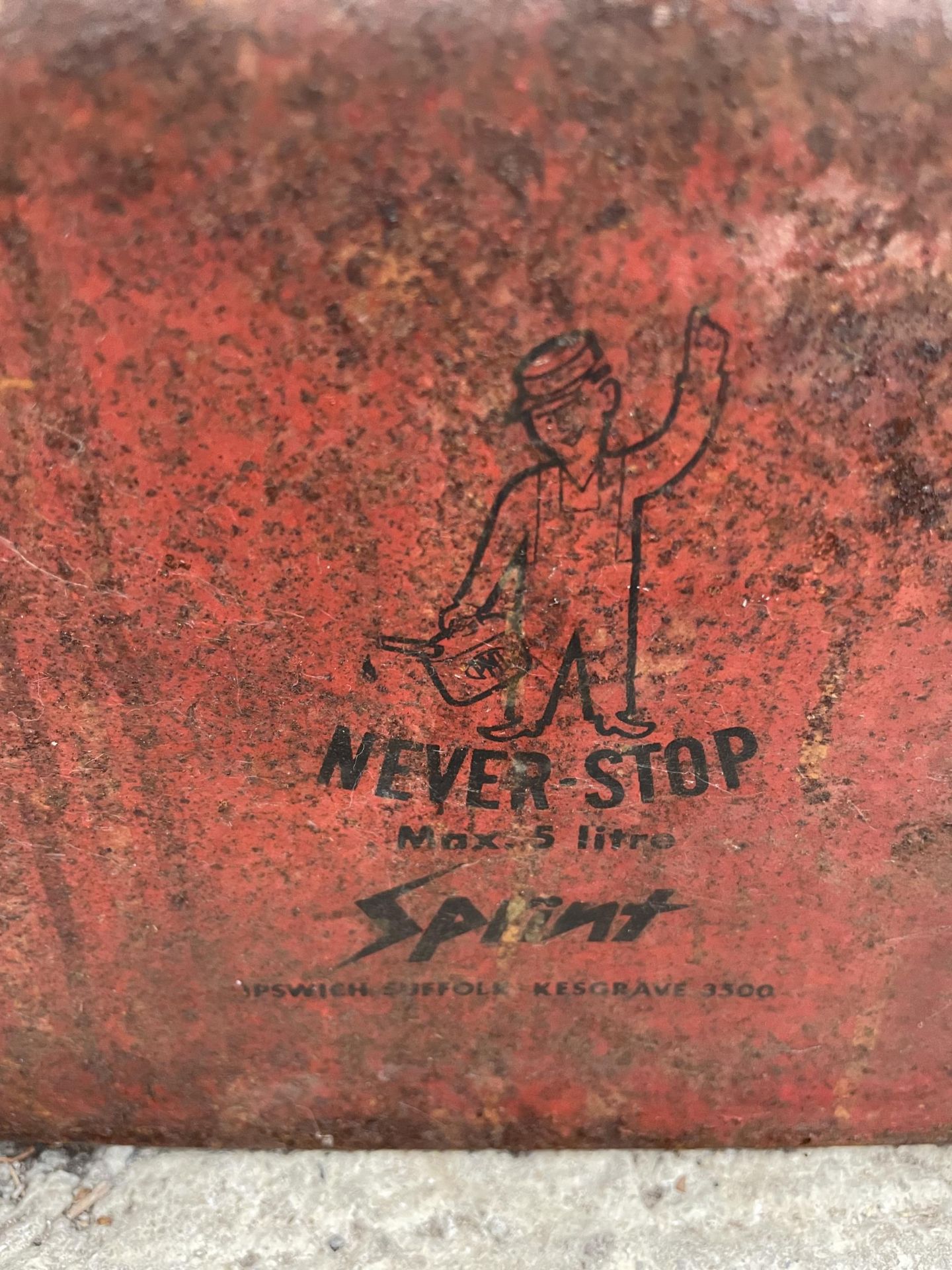 A VINTAGE NEVER STOP SPRINT FUEL CAN - Image 2 of 8