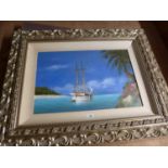 KELLY (20TH/21ST CENTURY) MOORED SAILING YACHT BY A CARIBBEAN BEACH, OIL ON CANVAS, SIGNED LOWER