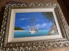 KELLY (20TH/21ST CENTURY) MOORED SAILING YACHT BY A CARIBBEAN BEACH, OIL ON CANVAS, SIGNED LOWER