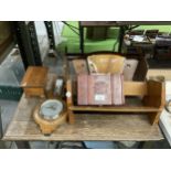 TWO MAHOGANY BOOKSHELVES, WIDTH 38CM, A WALL MIORROR, BAROMETER AND WOODEN BOX