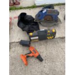 AN ASSORTMENT O TOOLS TO INCLUDE A BOSCH RIP SAW AND A BLACK AND DECKER DRILL ETC