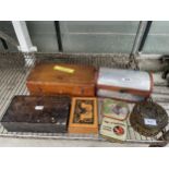 AN ASSORTMENT OF VINTAGE TINS AND WOODEN STORAGE BOXES