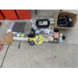 AN ASSORTMENT OF ITEMS TO INCLUDE VHS VIDEOS, CABLES AND LIGHTS ETC