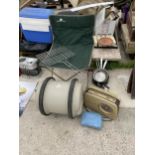 AN ASSORTMENT OF ITEMS TO INCLUDE A CAMPING CHAIR, PANS AND A WATER BARREL ETC